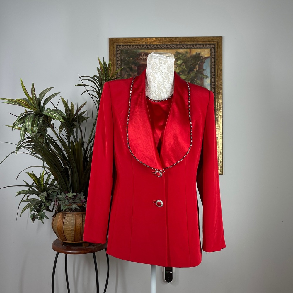 Sioni Blazer Jacket Womens 10 Red Triacetate Satin Rhinestone Trim Evening Coat